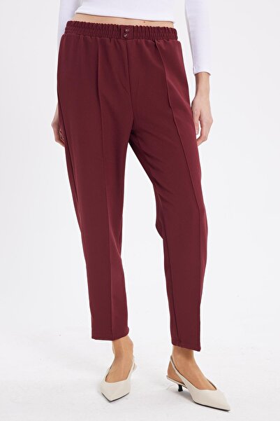 Tudors Women's Relax Fit Comfortable Cut High Waist Straight Leg Elastic Waistband Burgundy Trousers