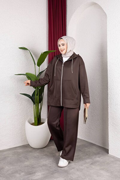 Weak Blue Oversized Hooded Tracksuit Set Hijab Sportswear - Brown Color