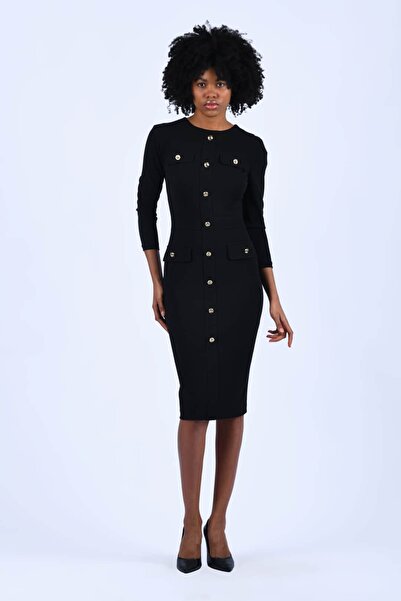 la luce Siyah Düğme ve Cep Detaylı Elbise - LE650