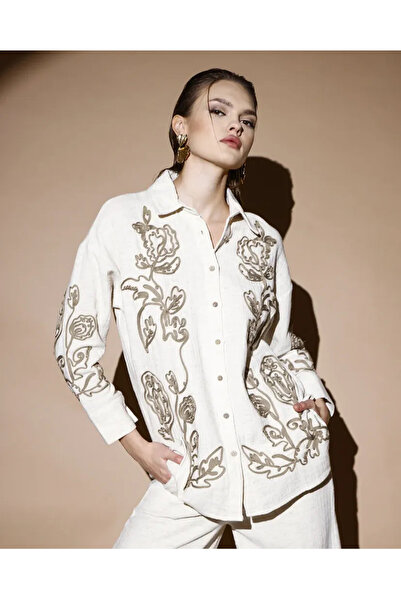 Zarif Kadın Lase Nakışlı Müslin Keten Gömlek