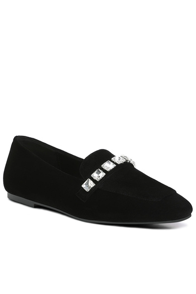london Rag Women Velvet Diamante Strap Loafers in Black