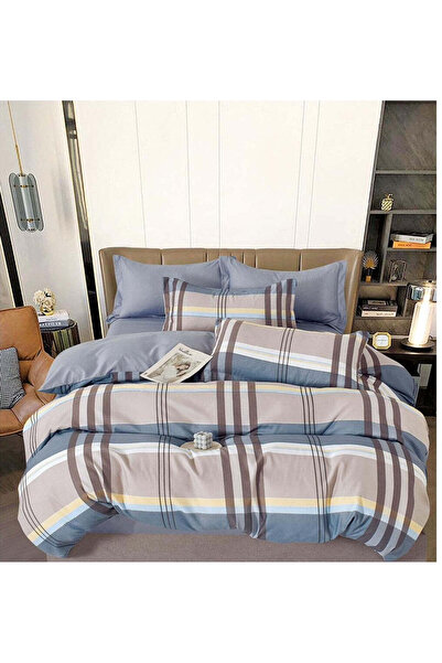 trendyhome Finet Cotton Fitted 6-Piece Bed Linen Set, Stripes, Grey, T 268