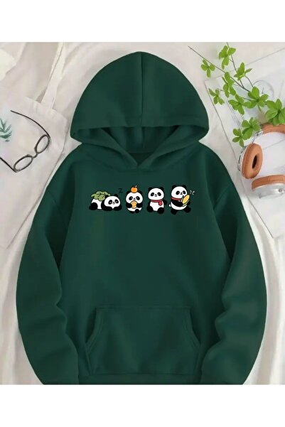 herkesemoda Панда принт детайлна суитшърт с качулка