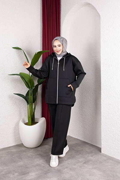 Weak Blue Oversized Hooded Tracksuit Set Hijab Sportswear - Black Color