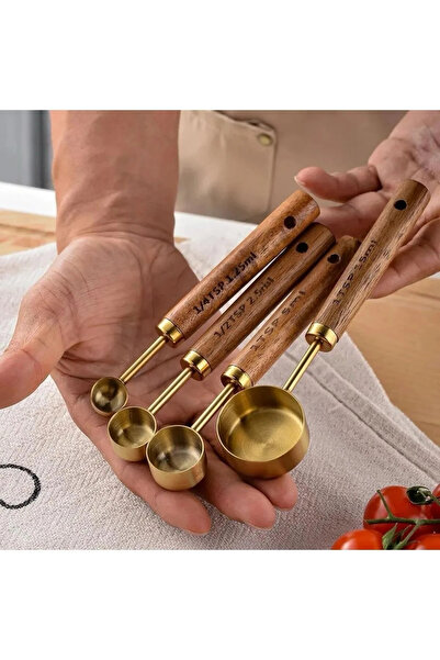 mucit home 4 Adet Gold Paslanmaz Çelik Ahşap Saplı Ölçü Kaşığı Seti Ölçü Kabı...