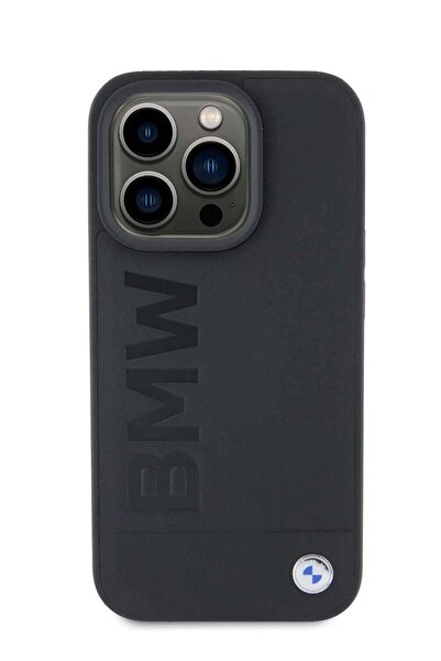 BMW غطاء خلفي من الجلد لهاتف آيفون 15 برو ماكس بنقشة ختم ساخن - أسود