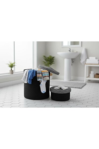 rellhome Σετ 2 τεμαχίων πλεκτό καλάθι ρούχων με καπάκι – Χοντρό σχοινί, αποθή...