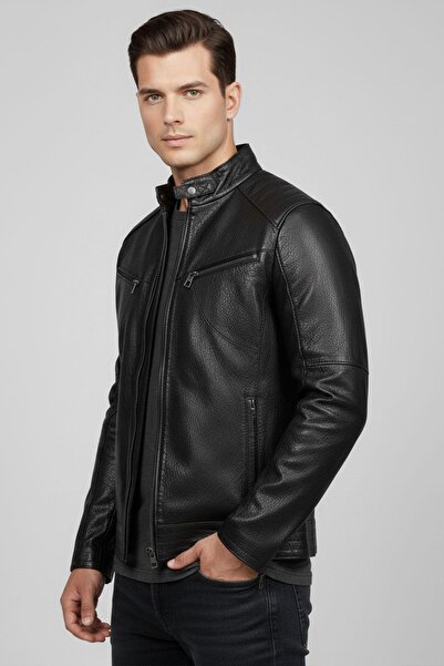 Deriderim Black Hector Hakim Collar Zippered Men's Genuine Leather Coat