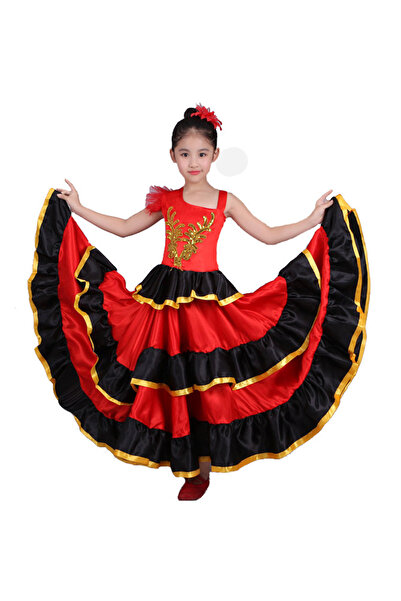 LiangSanZhi فستان رقص فلامنكو للبنات، زي إسباني مكشكش متعدد الطبقات، مناسب لعروض وحفلات الأطفال