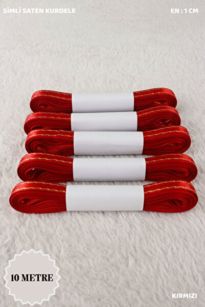 Mortex Kırmızı Simli Saten Kurdele 1cm 10mt - Bohça, Nikah, Nişan, Çeyiz, Hed...