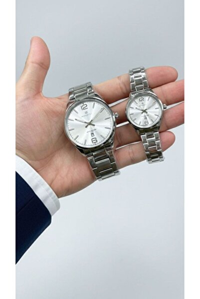 Momentus Silver Color Steel Men's and Women's Wristwatch Set
