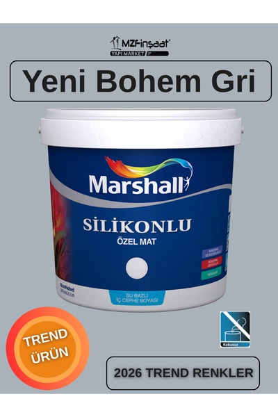 Marshall Silikonlu Özel Mat Silinebilir Kokusuz İç Cephe Boyası Yeni Bohem Gri