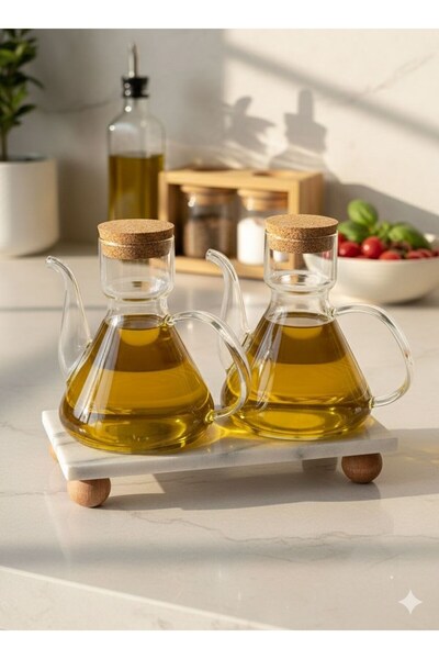 morponi 2-Piece Borosilicate Glass Oil Pot with Marble Stand and Cork Lid 500 ml + 500 ml Liya