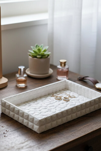 EA Home Concept صينية خرسانية مستطيلة مزخرفة - منظم للمجوهرات والحمام بمظهر كريستالي