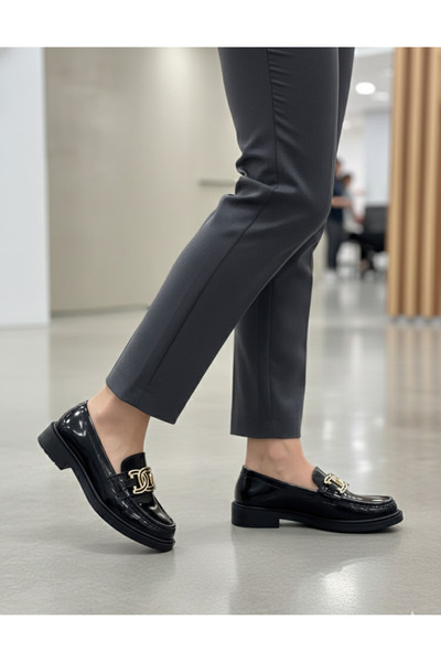 NHA 5200 Black Patent Leather Women's Loafer Leather Shoes with Anti-Slip Sto...