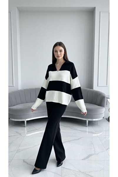 Gönülden Tasarım Μαύρο και άσπρο ριγέ πλεκτό γυναικείο πουλόβερ oversized