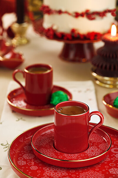 Kütahya Porselen Holyday 4 Piece Coffee Set for 2 People Red