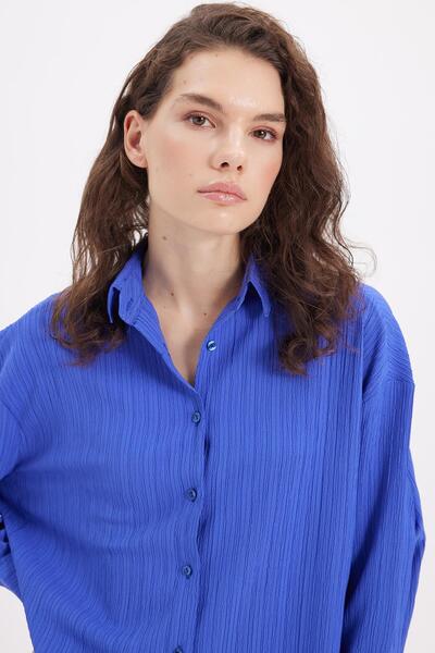 Tudors Women's Oversized wide cut blue shirt with pleated detail long sleeve textured Cobalt