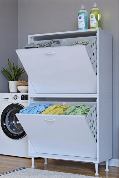 Eliusta Veluna 85 cm Kirli Çamaşır Sepetli Dolap Banyo Dolabı Beyaz 85x173x32...