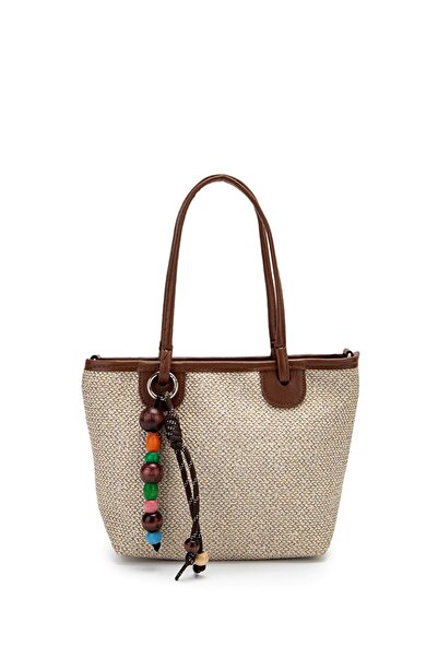 blancaston 1040 Women's Wooden Bead Detailed Straw Hand and Shoulder Bag