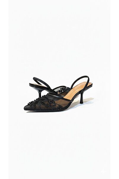 JOJO Women's mesh heel shoes with lace trim, decorated with stones and pearls, in the same black color.