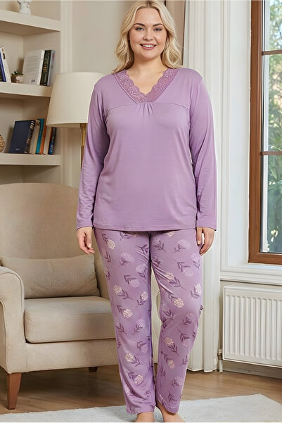 MORRO Women's Oversized V-Neck Lace Trim Long Sleeve Pajama Set - Plus Size Relaxed Fit Loungewear