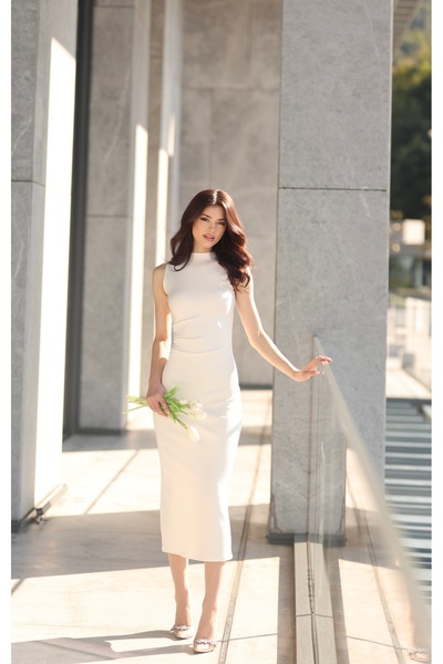 BEYZATURAN Lira White Waist Pleated Crew Neck Pencil Skirt Sleeveless Dress/Evening Dress