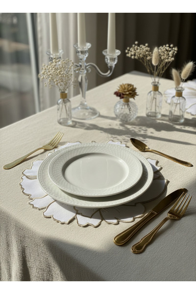 Lilies Atelier Çiçek Kesim Gold Çiçek Nakışlı Gardenya Keten Amerikan Servis ...