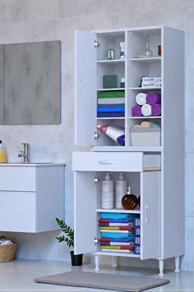 Eliusta Funci Beyaz Renk G:55 cm Banyo Dolabı 3 Kapaklı 7 Raflı Dolap 55x173x...