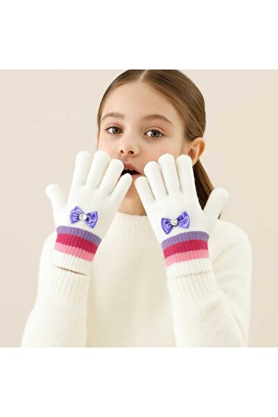 gigigiyim Kurdeleli Fiyonk Detaylı Kız Çocuk Örme Eldiven
