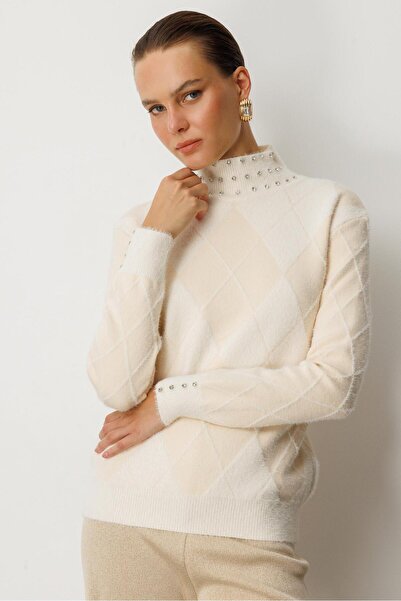 accort Taş Detaylı Yarım Balıkçı Triko Kazak-KREM