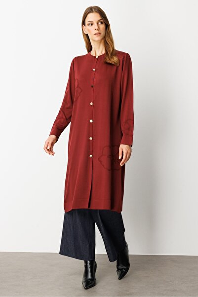 accort Çiçek Desenli Uzun Triko Hırka-BORDO