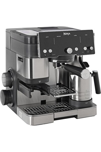NINJA ماكينة قهوة وإسبريسو فاخرة أساسية 2 في 1 مع مطحنة وخفاقة حليب، فضية اللون