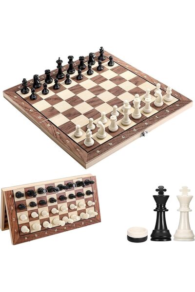 zola 2 in 1 magnetic chess set, 32 magnetic pieces, 30 checkers, plastic, 31 × 31 x 2 cm, brown/beige