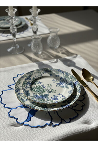 Lilies Atelier Çiçek Kesim Lacivert Çiçek Nakışlı Gardenya Keten Amerikan Servis Seti – 2’li