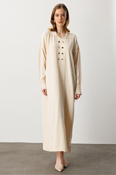 accort Polo Yaka Düğme Detaylı Uzun Elbise-TAŞ