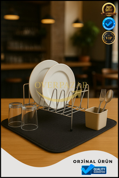 Overbazaar Bulaşık Kurutma Matı | Su Emici Köpük Dolgulu Tezgâh Koruma | Katlanabilir ve Askılı Model