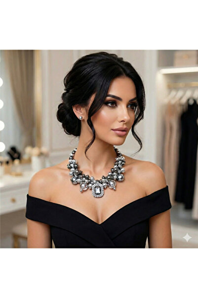 Pelin Aksesuar Antrasit Renk Büyük Dikdörtgen Taşlı ve Kristal Boncuklu Göste...