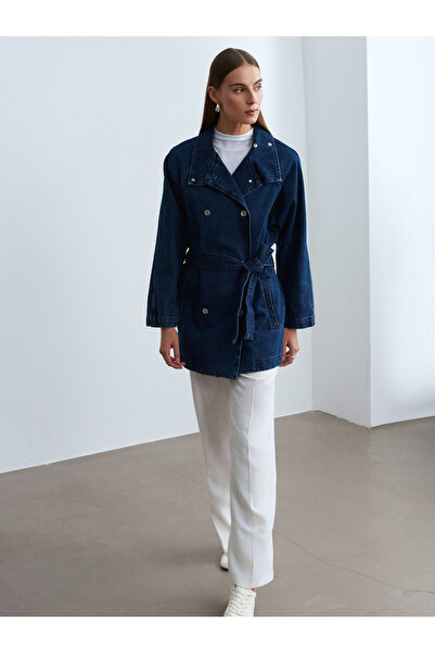 Dilvin 65384 100% Cotton Belted Midi Denim Jacket-Navy Blue