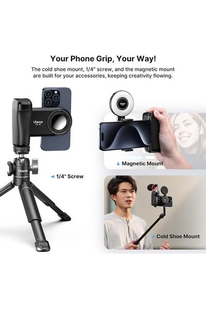 ulanzi مقبض MA35 MagSafe Shutter - جهاز تحكم عن بعد لاسلكي + حامل ثلاثي القوائم + قاعدة تثبيت لأجهزة iPhone