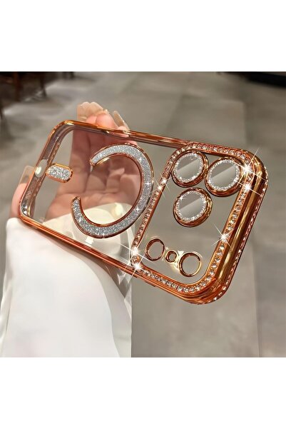 UnDePlus Apple iPhone 17 Pro Kılıf M-Safe Şarj Uyumlu Simli Kamera Kenar Taşl...