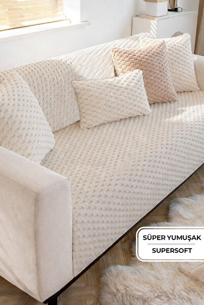 Evlen Home Collection Soft Kürklü Koltuk Örtüsü 170x215 cm Yumuşak Peluş Lüks Kaymaz Taban Kanepe Örtüsü Bej