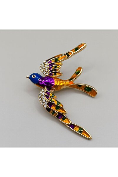 Renkli Mine (Enamel) Kuş Figürlü Broş – Taş Detaylı