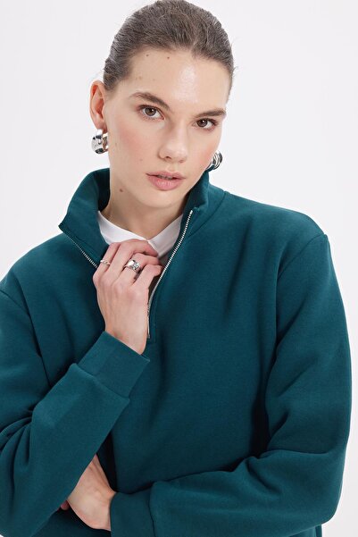 Tudors Women's relax fit comfortable cut cotton fleece-lined half-zip green d Mock Neck sweatshirt