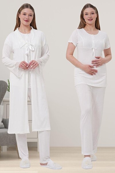 Mio Vero Women's Ecru Special Lace Design Cotton Maternity Pajama Set with Dr...