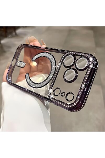 UnDePlus Apple iPhone 17 Pro Max Kılıf M-Safe Şarj Uyumlu Simli Kamera Kenar Taşlı Kapak Joke