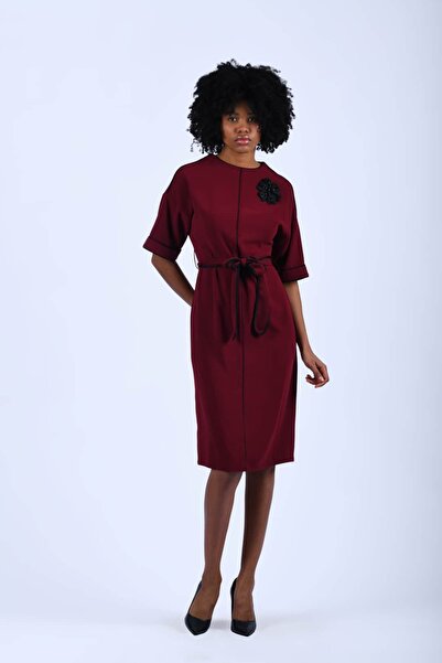 la luce Bordo Siyah Kontrastlı Çiçek İşlemeli Krep Elbise - LE582