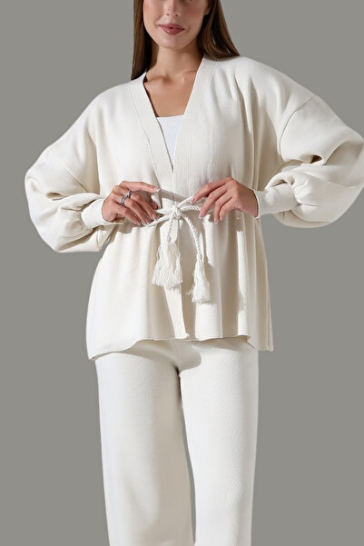 mefru Belt Detailed Bottom Top Vest Pants Oversized Basic Two-Piece Knitwear Set