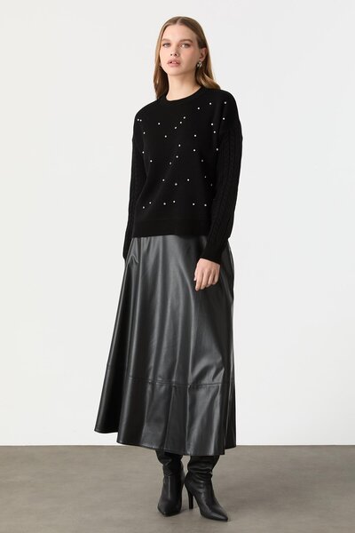 accort İnci İşleme Detaylı Triko TKazak-SİYAH