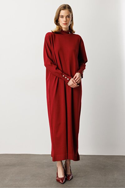 accort Farbela Detaylı Uzun Triko Elbise-BORDO